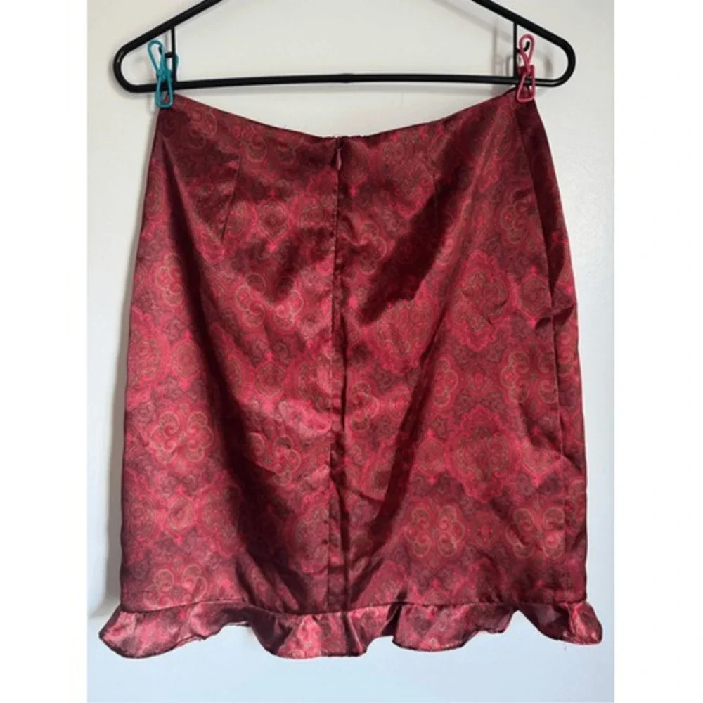 Vintage Y2K Stringbean Womens Red Satiny Floral Ruffle Hem Skirt sz 3 Dainty USA